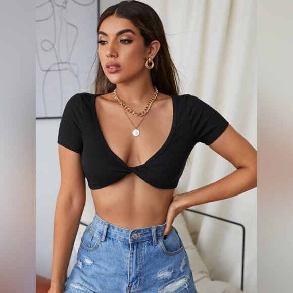 SHEIN twist front rib-knit crop top black size small - Picture 1 of 6